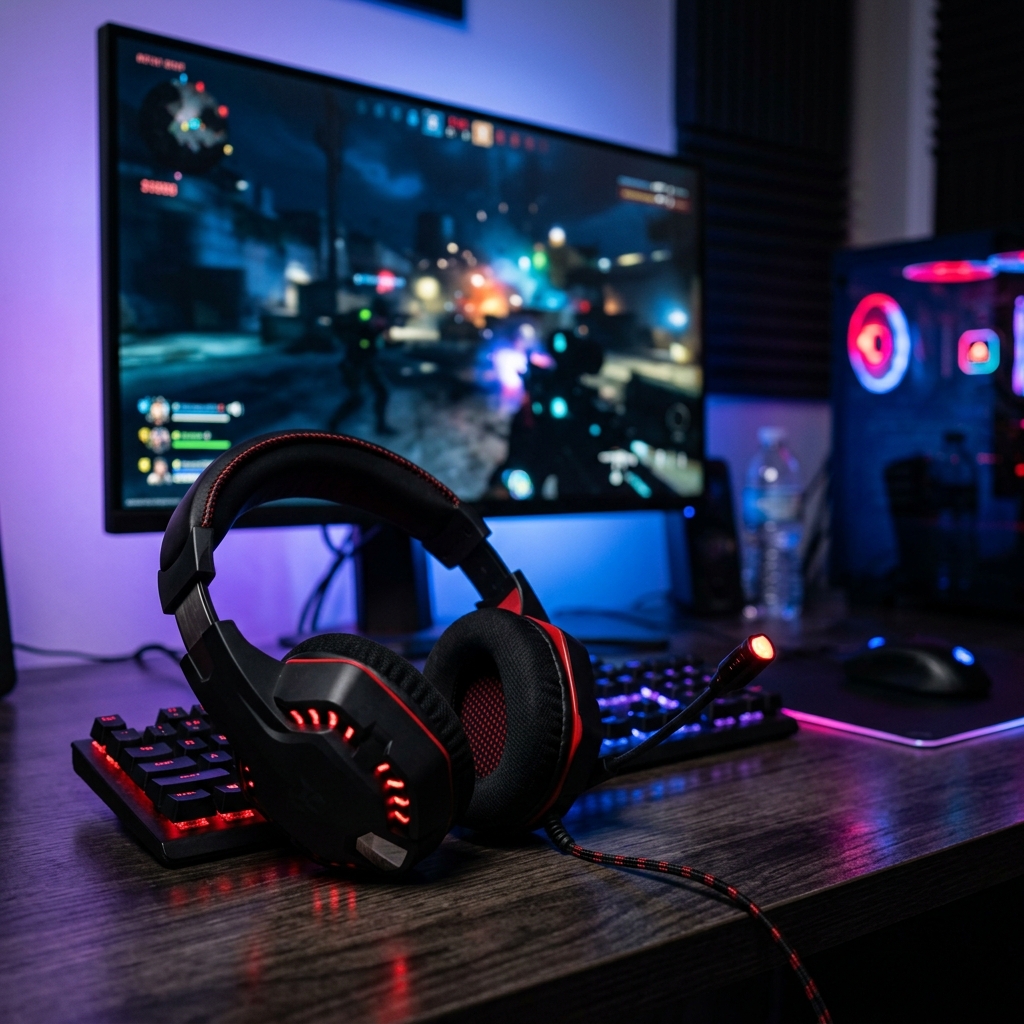 Best gaming headset under £50 UK - over-ear gaming headset with RGB lighting on a gaming desk setup