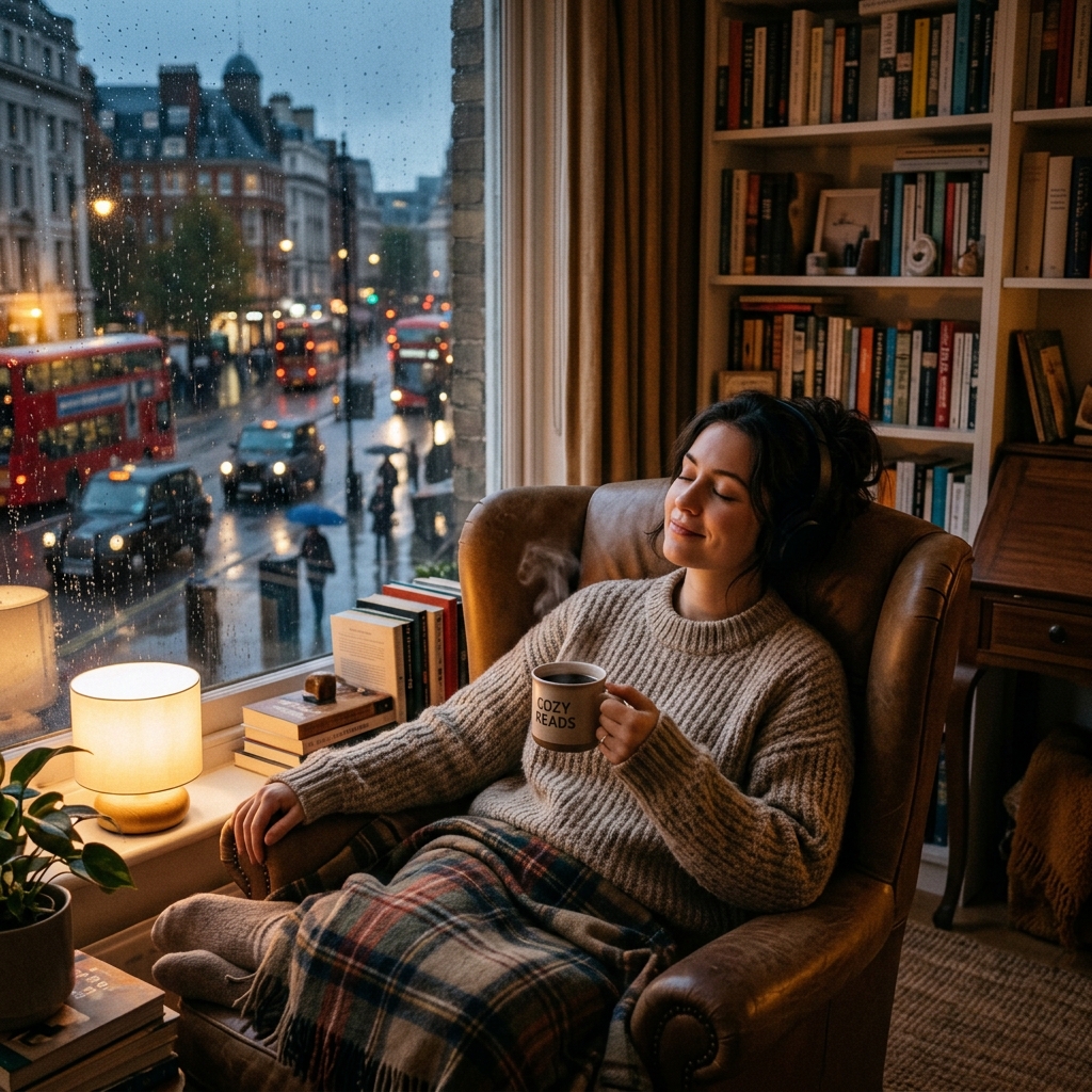 Best headphones for audiobooks UK 2026, woman relaxing with over-ear set.